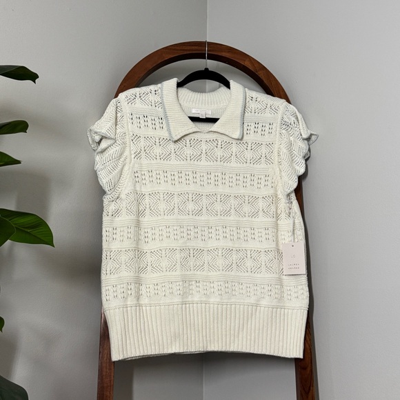 LC Lauren Conrad Tops - LC Lauren Conrad XL White Pointelle Knit Flutter Sleeve Crochet Sweater Top NEW